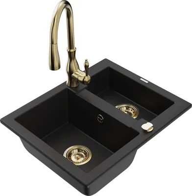Produktbild von Mexen Carlos 1,5-Becken-Granitspüle mit Mischbatterie Savita, Schwarz - 6518-77-672601-50