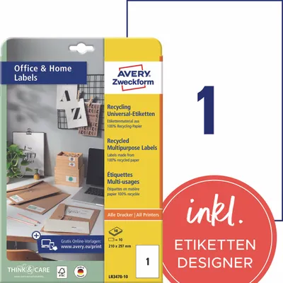 Produktbild von Avery Zweckform LR3478-10, Recycling Etiketten, Home Office, Kleinpackung, A4, 210 x 297 mm, 10 Etiketten / 10 Bögen, naturweiß