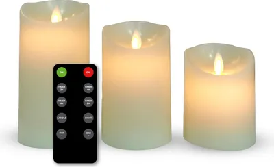 Produktbild von FlinQ wiederaufladbare LED-Kerzen mit beweglicher Flamme – inkl. Fernbedienung mit Timer & Dimmfunktion – flackernd – Stabkerzen – 3er-Set – Off-White