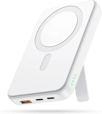 A white magnetic power bank with a built-in stand is shown at a diagonal angle against a white background.