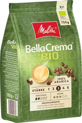 Produktbild von MELITTA Ganze Kaffeebohnen BellaCrema Bioqualität 750g weicher ausbalancierter Körper