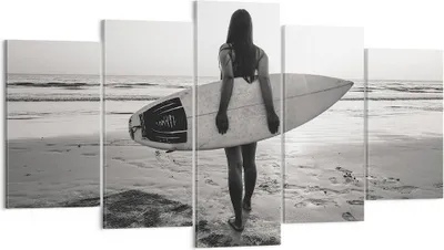 Produktbild von Bild auf Leinwand - Leinwandbild - 5 Teile - Frau Strand Surfen - 160x85cm - Wand Bild - Wanddeko - Wandbilder - Leinwanddruck - Bilder - Wanddekoration - Leinwand bilder - Wandbild - EA160x85-5036
