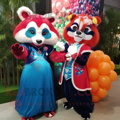 Produktbild von Blauer REDBROKOLY roter Panda Maskottchen Kostüm charakter gekleidet mit einem Ballkleid und Broschen