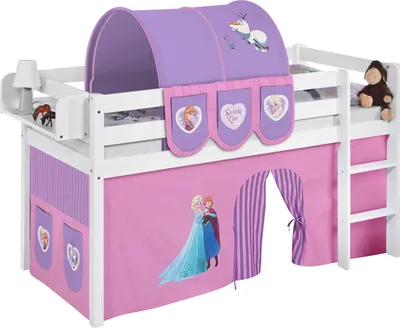 Produktbild von Hochbett JELLE in weiss mit lila FROZEN / Eiskönigin / Anna & Elsa Vorhang. Kinderbett & Spielbett von LILOKIDS