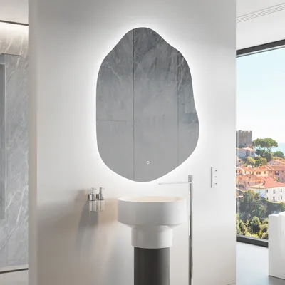 Produktbild von Unregelmäßiger asymmetrischer Spiegel mit LED Beleuchtung 94 x 114 cm - mit LED Beleuchtung - LED Farbe Kaltweiß 7000K - Individuell Nach Maß - Beleuchtet Wandspiegel Lichtspiegel Badezimmerspiegel - Sensor Schalter - ZIE221