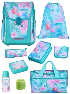 Produktbild von Mädchen Schulranzen 1. Klasse in Türkis Rosa mit Butterfly Schmetterlinge Motiv 9 tlg. Set Schultasche mit Brotdose, Trinkflasche und Sporttasche