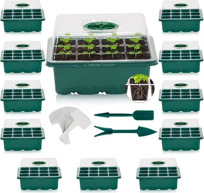 Produktbild von 12 Stück Anzuchtkasten, 144 Zellen, Mini-Gewächshaus, Anzuchtset, Starter, Anzuchtschale mit Deckel und Belüftung für Setzlinge, Pflanzen