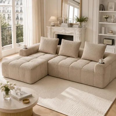 Zdjęcie produktu dla Sofa z tkaniny sztruksowej, mała sofa dwuosobowa, modułowa, z uchwytem na napoje i boczną kieszenią, sofa tapicerowana, kompaktowa sofa do salonu, zestaw wypoczynkowy z 3 poduszkami, kolor khaki