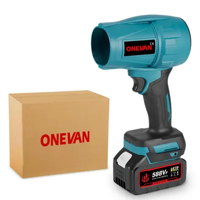 A cordless leaf blower and its packaging are displayed against a white background.