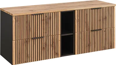 Produktbild von Waschbeckenunterschrank 140 cm mit Regal XANTEN-56 in anthrazit mit Eiche Nb. schwarz gerillt, B/H/T: ca. 140,6/59,2/46,5 cm