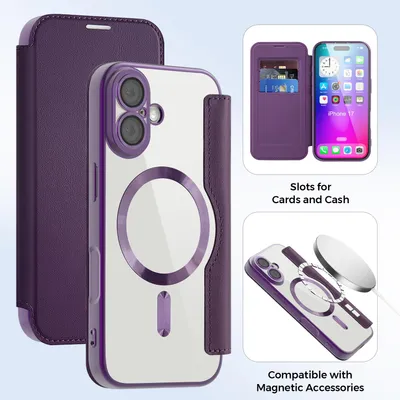 Produktbild von Klapphülle für iPhone 17 Kompatibel mit Magsafe, Klar Überzug Kartenhalter Ledertasche mit Kameraschutz Lila