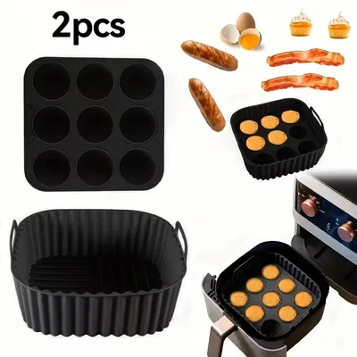 Image de Set de cuisson Premium Airfryer en silicone - 2 pièces : moule à gâteau 9 trous + bol en silicone