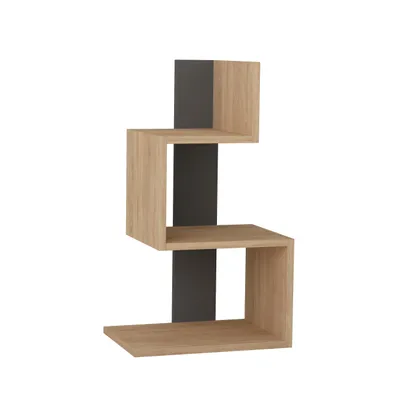 A modern, zig-zag shaped shelving unit with wood-effect shelves and a dark gray central support.