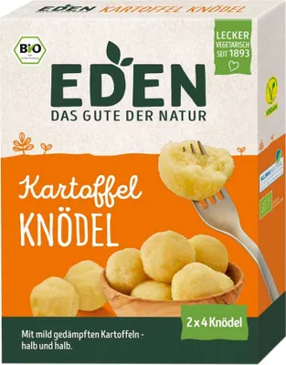 A product box for potato dumplings, showing the product and branding.