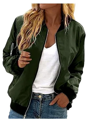 Produktbild von Damen Bomberjacke Kurze Blousonjacke Casual Pilotenjacke Langarm Outwear Zip-Up Einfarbig Leichte Jacke Frühlings Sweatjacke Sommerjacke Übergangsjacke Fliegerjacke