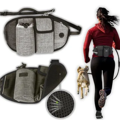 Produktbild von Verstellbarer Hüftgurt mit Hundeleine zum Joggen – Grau, elastisch, mit Tasche, KI-generiertes Bild