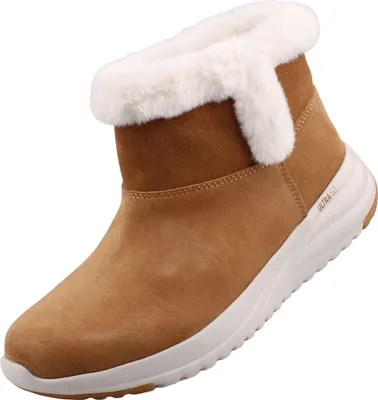 A single brown winter boot with white fur trim is shown against a white background.