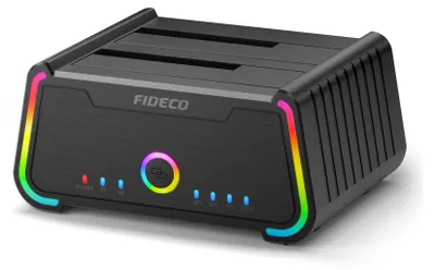 Zdjęcie produktu dla FIDECO YPZ230R Podwójna stacja dokująca HDD USB 3.0 z funkcją klonowania offline, podświetleniem RGB, dla dysków HDD i SSD SATA 2,5/3,5 cala, 5 Gb/s, UASP, czarna