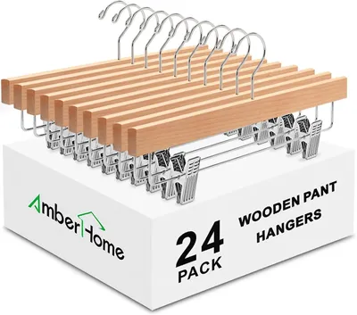 Produktbild von 24 natürliche Holz-Hosenbügel mit Clips, Kleiderbügel für Hosen und Röcke (Natur, 24 Stück)