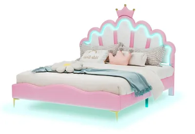 Produktbild von Kinderbett Prinzessin - Einzelbett 140x200 cm - Holzbett - Verstellbares Kopfteil mit Krone - Ohne Stauraum - Ohne Matratze - Rosa