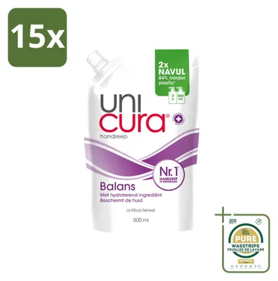 Immagine prodotto di 15 flaconi di sapone liquido antibatterico per le mani Unicura Balans, da 500 ml ciascuno - confezione risparmio - 15 pezzi