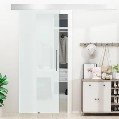 Produktbild von Glasschiebetür Satiniert 90x205 cm, Schiebetürsystem, Hängesystem Aluminiumschiene, Milchglas | 8 mm ESG | 35 kg | Komplettset