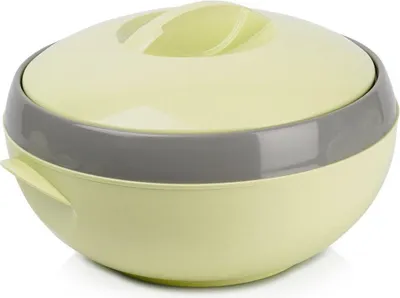 A light yellow insulated food container with a gray band and a matching lid, shown against a white background.