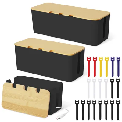 Kabelbox-Set (3 Stück) mit Holzdeckel, Kabelmanagement, Schwarz