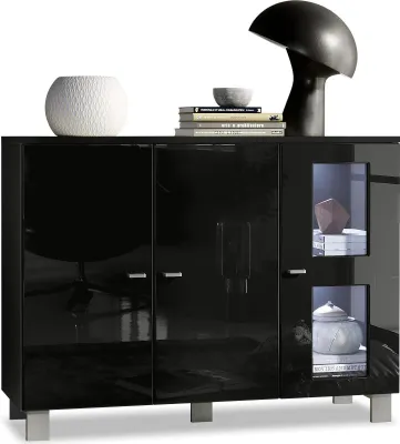 Produktbild von Vladon Sideboard Denjo,  Germany, Kommode mit 3 Türen, Schwarz matt/Schwarz Hochglanz, inkl. LED-Beleuchtung (107 x 81 x 35 cm)