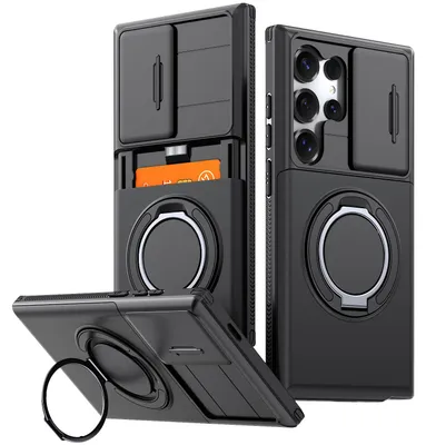 Produktbild von Handyhülle mit Kartenfach für Samsung Galaxy S23 Ultra / S22 Ultra, Schiebe Kameraschutz, Ringhalter Ständer, Stoßfeste Schutzhülle Schwarz