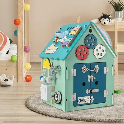 Zdjęcie produktu dla Drewniany domek do zabawy z grami sensorycznymi i schowkami dla dzieci