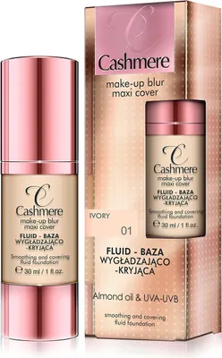 A bottle of foundation and its packaging are shown against a light beige and white background.