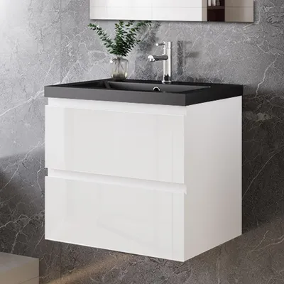 Produktbild von 60 cm Badmöbel-Set Unterschrank mit Schwarz Mineralguss waschtisch 2 Schubladen soft-close Hochglanz Weiß Selbstmontierter