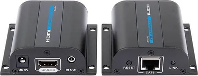 Two black HDMI extender units are shown side-by-side against a white background.