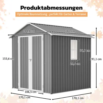 Obrázok produktu pre Kovový domček na náradie 184.8 x 182 x 191.1 cm, 6x6 ft, sedlová strecha, okno, ventilácie, vodotesný, so zámkom, sivý