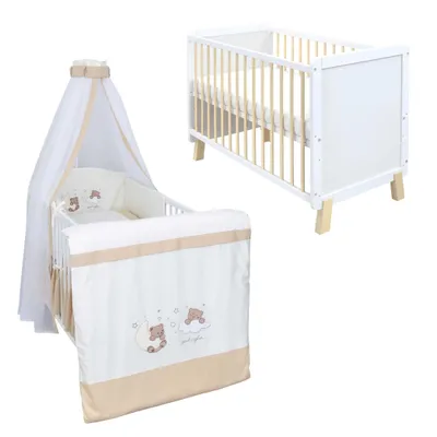 Produktbild von Babybett Kinderbett Gitterbett Lou 60x120 Weiß Natur Schutzgitter Matratze Bettwäsche Set 10tlg  Traumland Beige