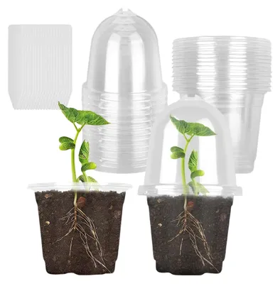 Produktbild von 20 Stück Anzuchttöpfe mit Feuchtigkeitskuppel, Ø 9 cm, transparente Pflanztöpfe mit Pflanzenetiketten, runde Blumentöpfe für Samen, Setzlinge und Sukkulenten