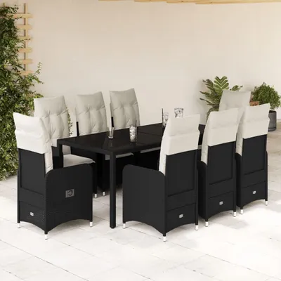 Produktbild von Möbel 9-tlg. Garten-Bistro-Set mit Kissen Schwarz Poly Rattan - Sitzgruppe 3276994