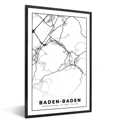 Produktbild von MuchoWow® Gerahmtes Poster Baden-Baden - Karte - Stadtplan 20x30 cm - Poster mit Schwarzem Bilderrahmen Wandposter Rahmen Foto Bilder - Drucken - Bilder Poster im Rahmen