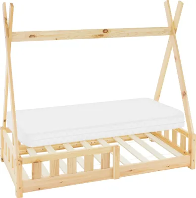 A wooden teepee-style children's bed frame with a mattress and slatted base, shown against a white background.