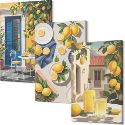 Produktbild von Leinwandbild – Wandbild – Leinwandbilder – Kunstdruck – Polycanvas – Modern – Mehrteilig – 3-Teilig Set – Hochwertig – Geruchslos – Lichtecht – Fertig Aufgespannt – 20x30 Cm Je Teil - Zitronengarten mit Zitronen und Getränken auf dem Tisch