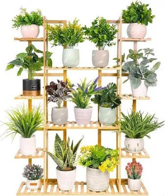 Image de Vitrine en bambou - 9 tiroirs - 17 pots de fleurs - 89 x 19 x 122 cm - pour bureau, salon, jardin - meuble de rangement