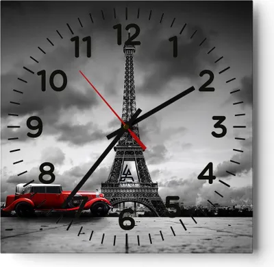 Produktbild von Wanduhr - Quadrat - Glasuhr - Auto Eiffle Paris Stadt - 40x40cm - Schleichendes Uhrwerk - Lautlos - zum Aufhängen bereit - Dekoration Modern - Wanddekoration aus Glas - C4AC40x40-2828
