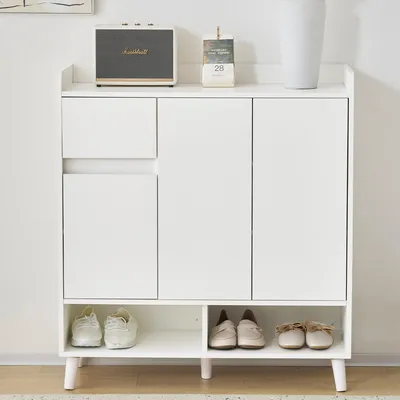 Produktbild von Kommode/Sideboard/Schuhschrank 90×35×99 cm: verstellbare Einlegeböden, minimalistisches Organizersystem, Beine aus Massivholz