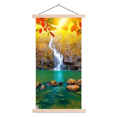 Produktbild von MuchoWow® Textilposter Steine - Baum - Wasserfall - Herbst - Rot 60x120 cm mit holzfarbenen Rahmen - Holz