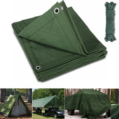 A collage of images showing a green tarp and its various uses, including a tent, a car shelter, and covering a trailer.