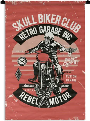 Produktbild von MuchoWow® Wandteppich Wandbehang Motorrad - Totenkopf - Vintage - Zitat 60x90 cm Tapisserie Dekoration Wandtuch - Foto-Teppich - Abwaschbar