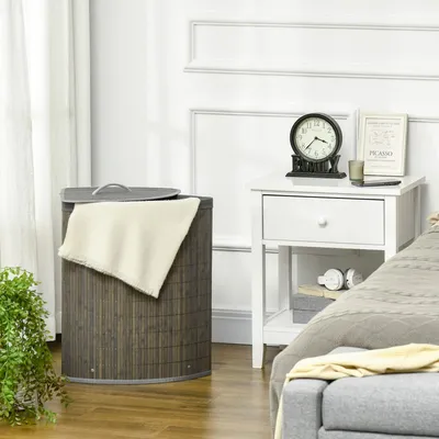 Produktbild von SUGIFT Wäschekorb Bambus Eckdesign 55 L mit Deckel, Wäschesortierer herausnehmbarer Polyester-Innensack, Grau | 38 x 38 x 57 cm | 1,5 kg