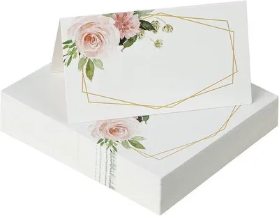Productafbeelding van 60 papieren kaartjes voor tafeldecoratie, 3,5 inch x 2 inch (gevouwen), plaatskaarten met een aquarelrozenmotief, kaarten met bloementhema, geschikt als menukaarten voor bruiloftbuffetten
