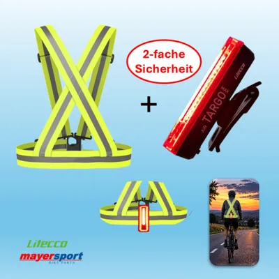 Produktbild von Warnweste reflektierend + Litecco Sicherheitsleuchte rot mit Blink-, Brems- und Dauerlicht, aufladbar, Akku hält ca.10h -  2-FACHE SICHERHEIT